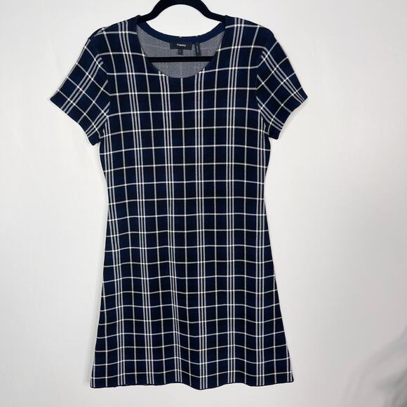 Theory Large Navy Blue Black Branteen JP Lustrate Knit Plaid Dress Short Sleeve - Picture 1 of 9